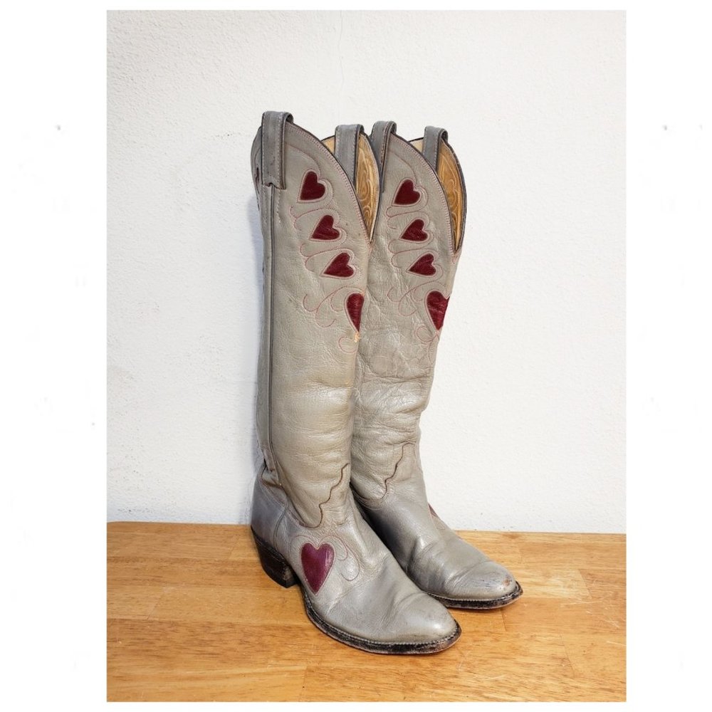 Vintage RARE Extra Tall Grey Justin Cowboy Boots with Red Heart Inlays - Picture 5 of 8